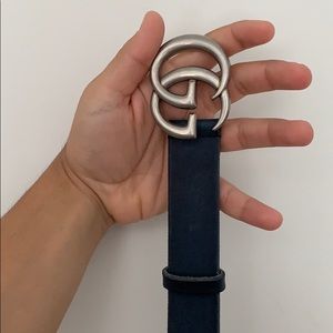 Gucci Marmont Leather Belt in Navy w/ silver logo